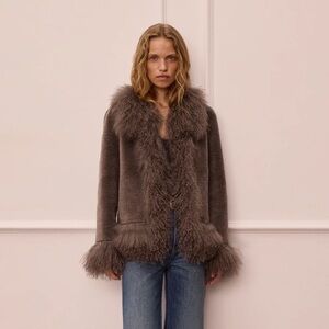 Charlotte Simone Olive- Luxury Minky Grey Coat with Mongolian Fur Trim